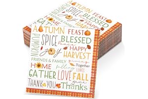 Engrowtic Thanksgiving Words Cocktail Napkins Autumn Theme Decoupage Napkins Thanksgiving Paper Disposable Napkin for Fall Pumpkin Holiday Decoration DIY Crafting(50 Pcs,5" X 5")