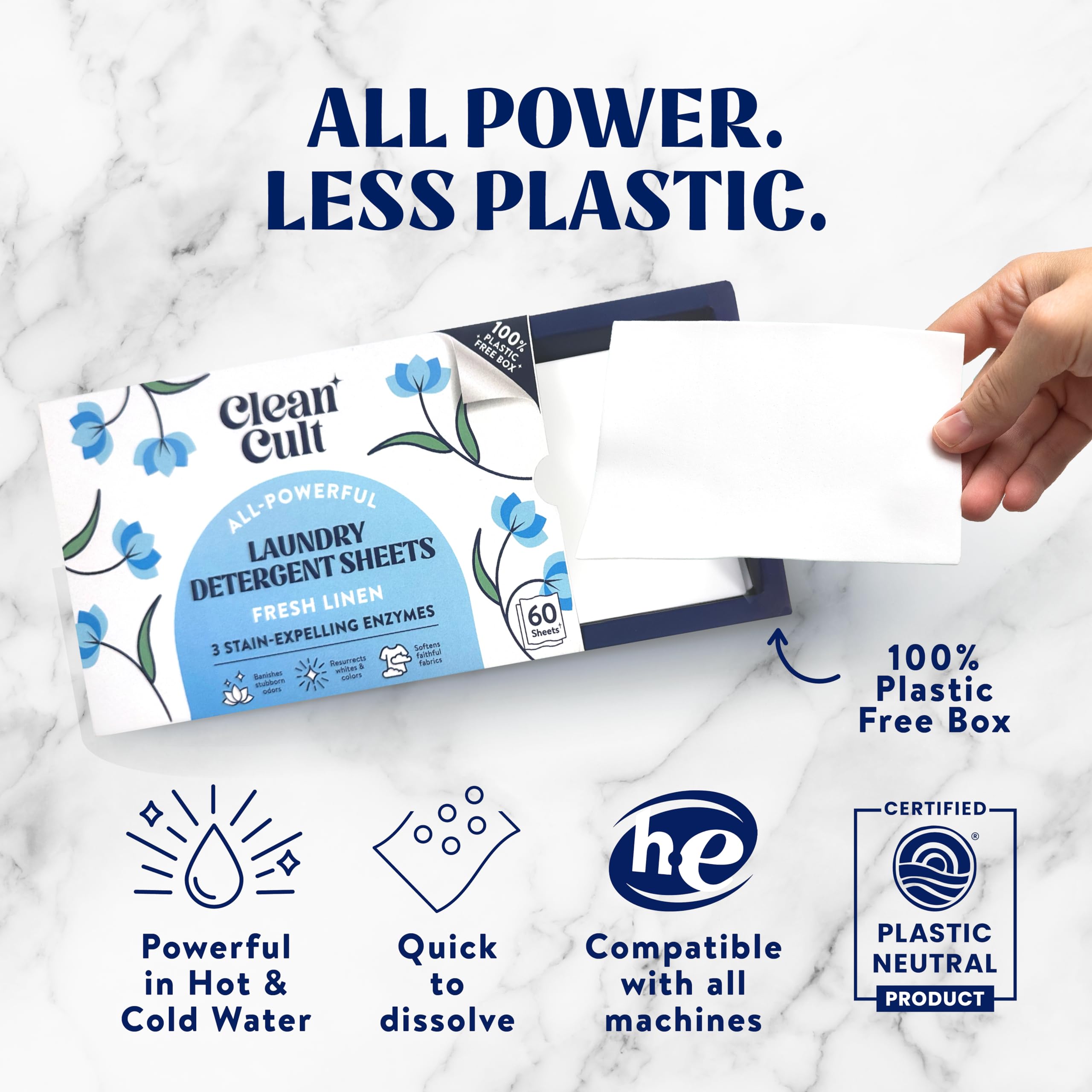 Cleancult Laundry Detergent Sheets - Resealable Box - 3 Stain Fighting Enzymes - Fresh Linen - 60 Loads - Free of Harsh Chemicals - No Mess - No Plastic Waste