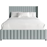 Castle Place Queen Wingback Linen Upholstered Platform Lift-Up Storage Bed with Vertical Channel Tufted Design, Light Blue