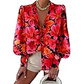 BTFBM Women Fashion Button Down Shirts 2026 V Neck Boho Printed Long Sleeve Blouses Dressy Casual Spring Fall Tops