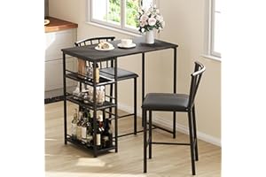 Meilocar Dining Table Set for 2, Small Bar Table and Chairs Set, 3-Piece Kitchen Table Set with PU Padded Chairs and Side Storage Shelf for Small Space, Black