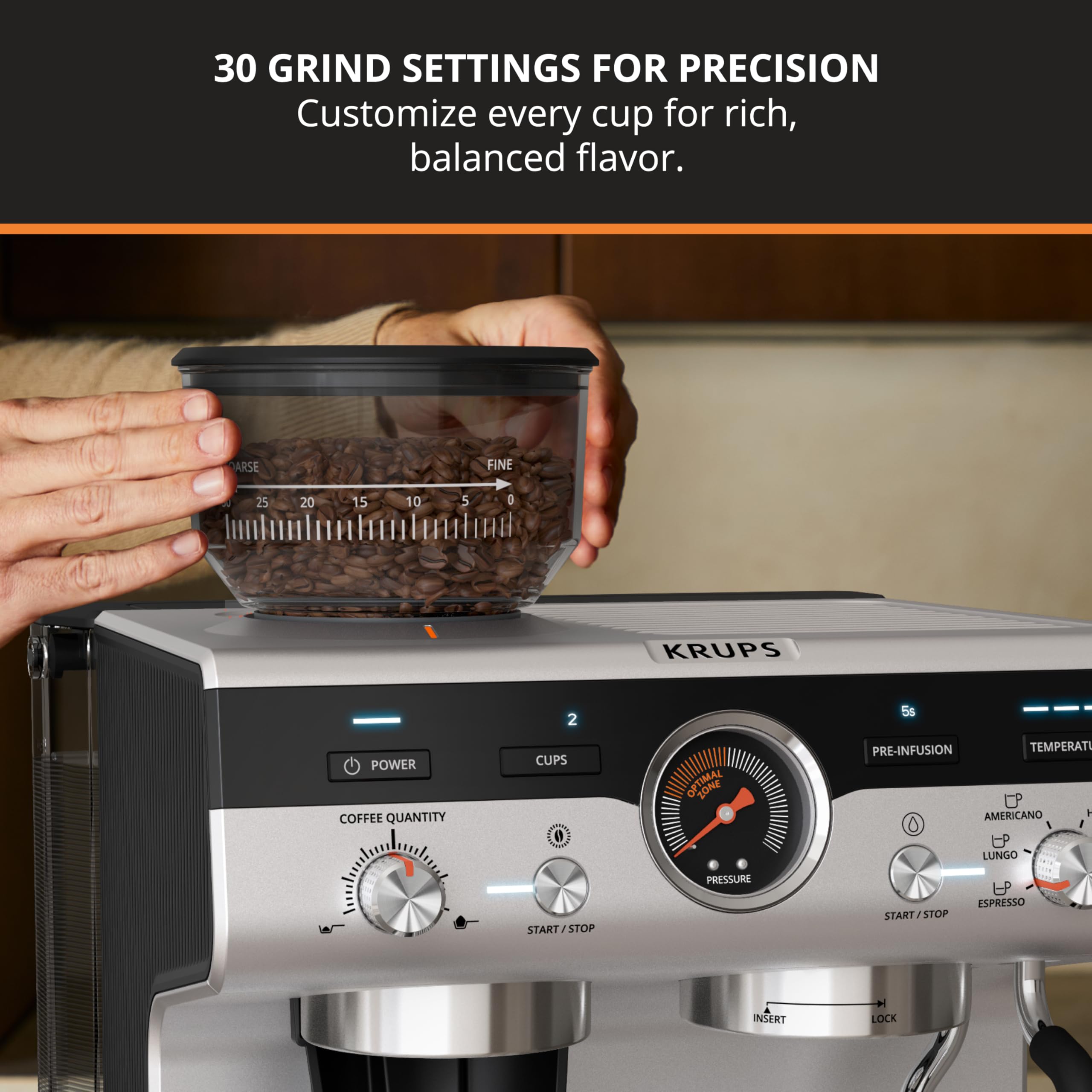 KRUPS Máquina de café expreso de precisión con molinillo, máquina para hacer café con leche y capuchino, presión de bomba + varilla de vapor de espumador de leche, ajustes de molienda ajustables para resultados de calidad de barista, acero inoxidable y negro