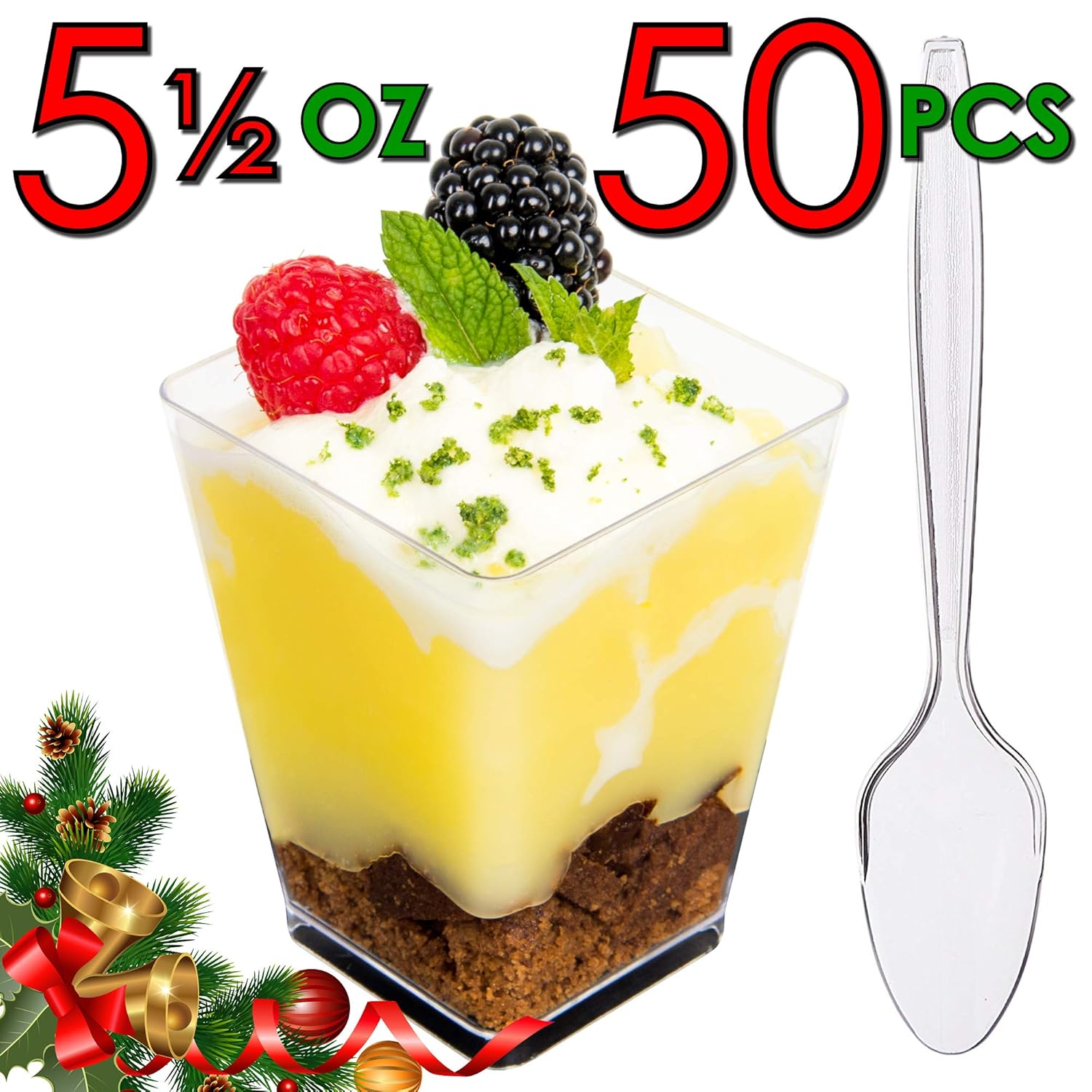 DLux 50 x 5 oz Mini Dessert Cups with Spoons, Square Large Clear