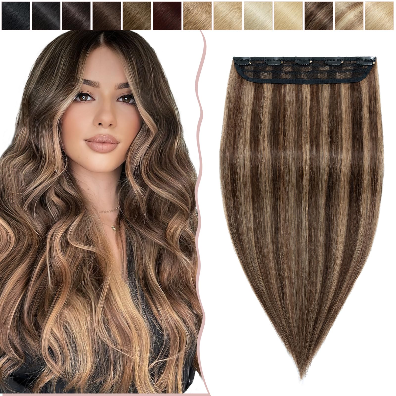 10 inch SEGO Clip in Hair Extension Human Hair One Piece THICK [#4/27 Medium Brown&Dark Blonde] 100% Real Remy Hairpieces 3/4 Full Head Straight (65g)