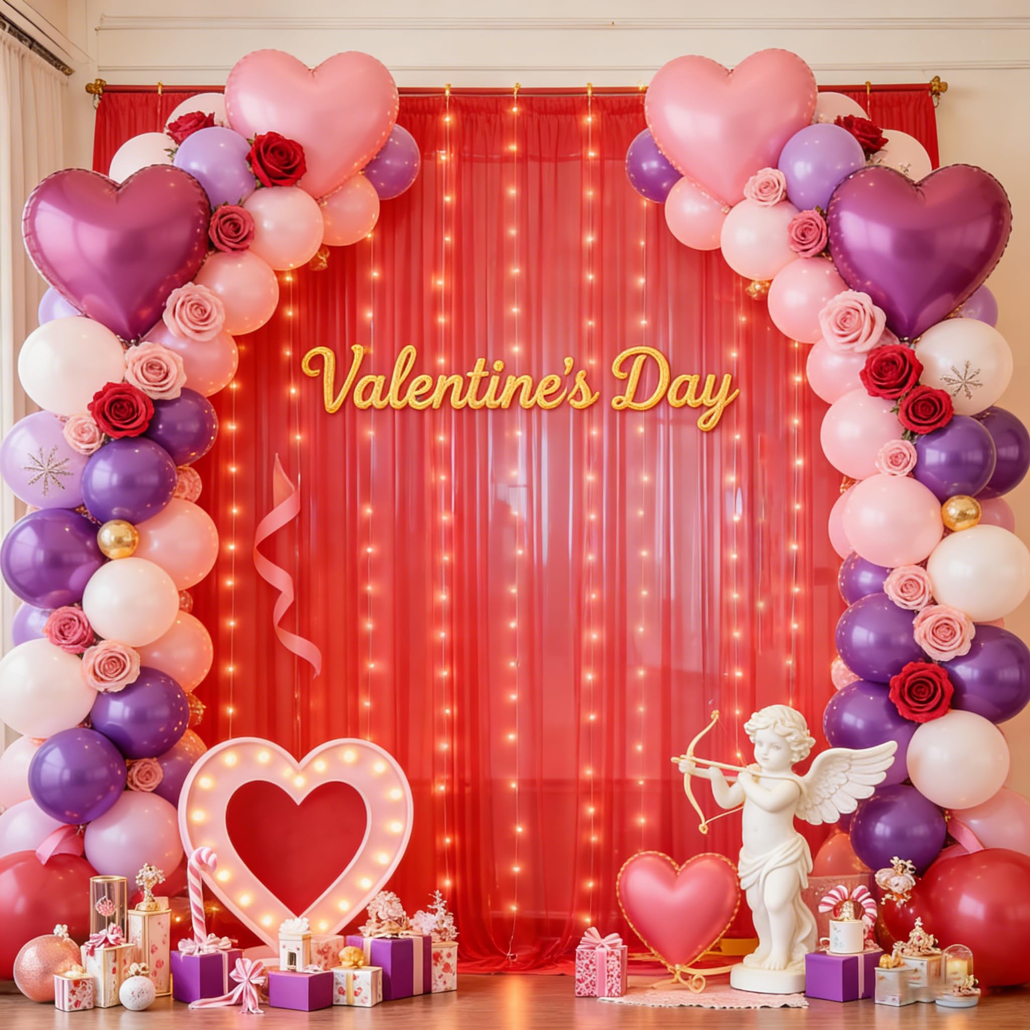 Photo 1 of 10x10ft Red Tulle Backdrop Curtain with Lights String for Parties, Sheer Photo Backdrop Curtains for Valentines Wedding Baby Shower Birthday Party Photo Shoot Decorations