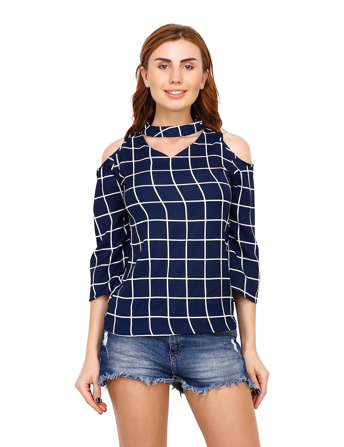 acanthus windowpane asymmetric neck cold shoulder top for womens