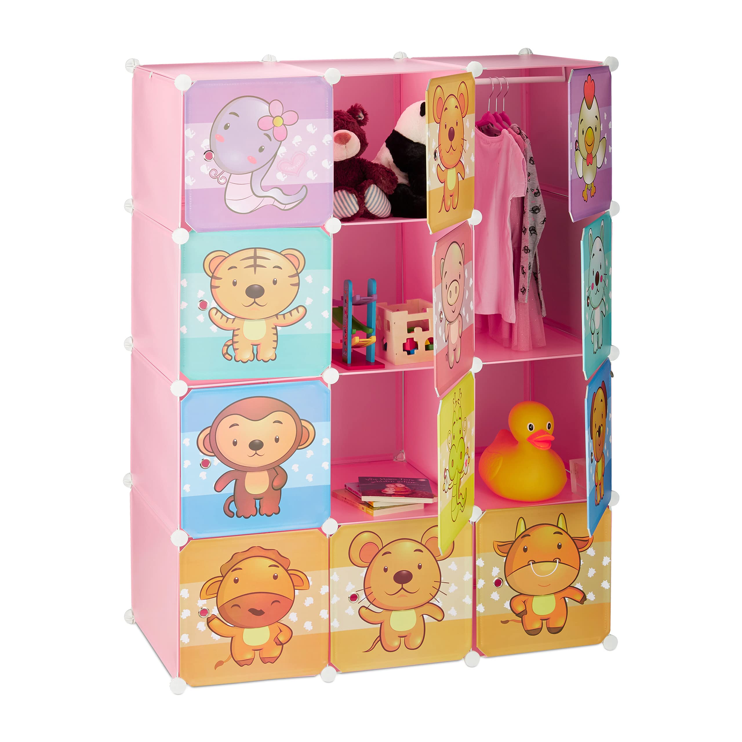 Relaxdays Children’s Modular Shelf, Cute Animal Prints, Plastic System, Doors, Wardrobe, Clothes Rails, Pink