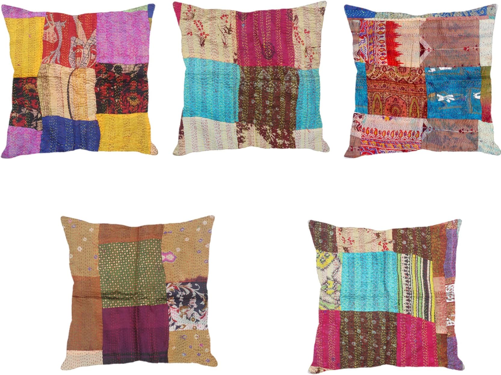 Indistar Set of 5 Throw Pillow Cover | Silk Patchwork Cushion Covers with Traditional Indian Kantha Work | Decorative Cushion Covers, 18 x 18 Inch-93100-474-IW-P5