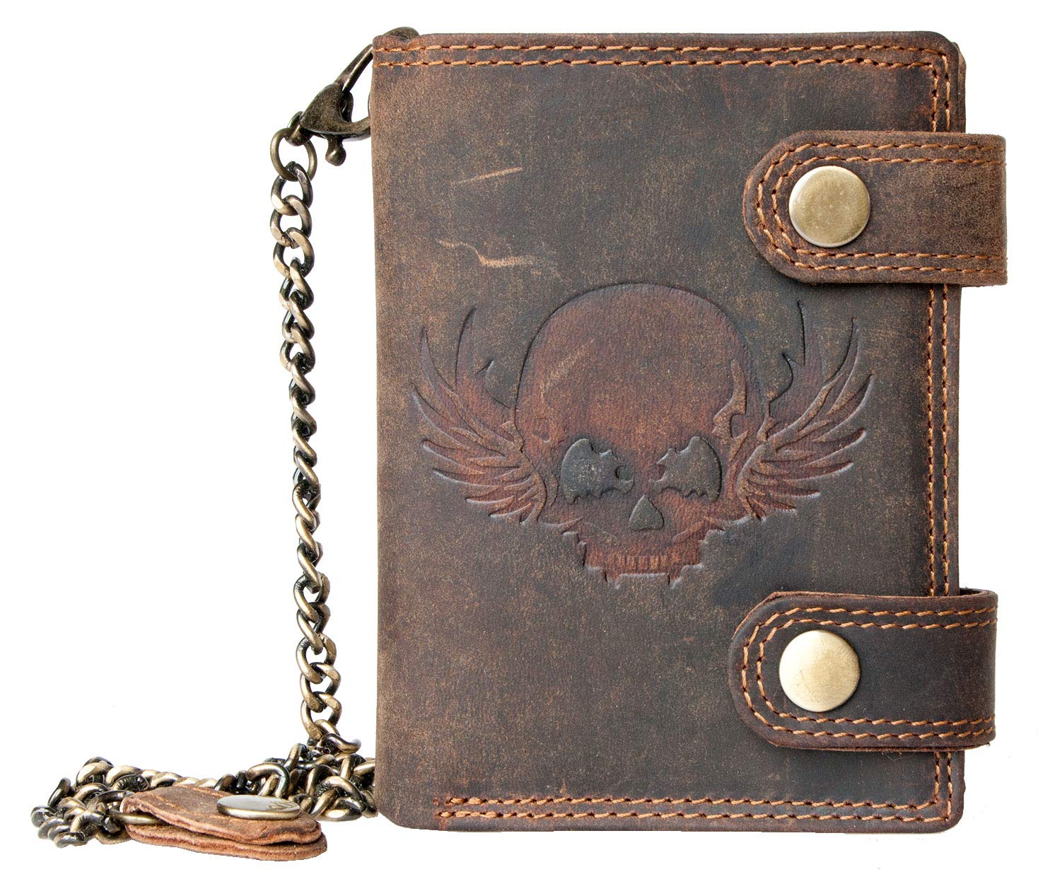 FLW -Wild Strong Genuine Leather Biker Wallet Skull with Chain - RFID, Brown, One Size, RFID Wallet
