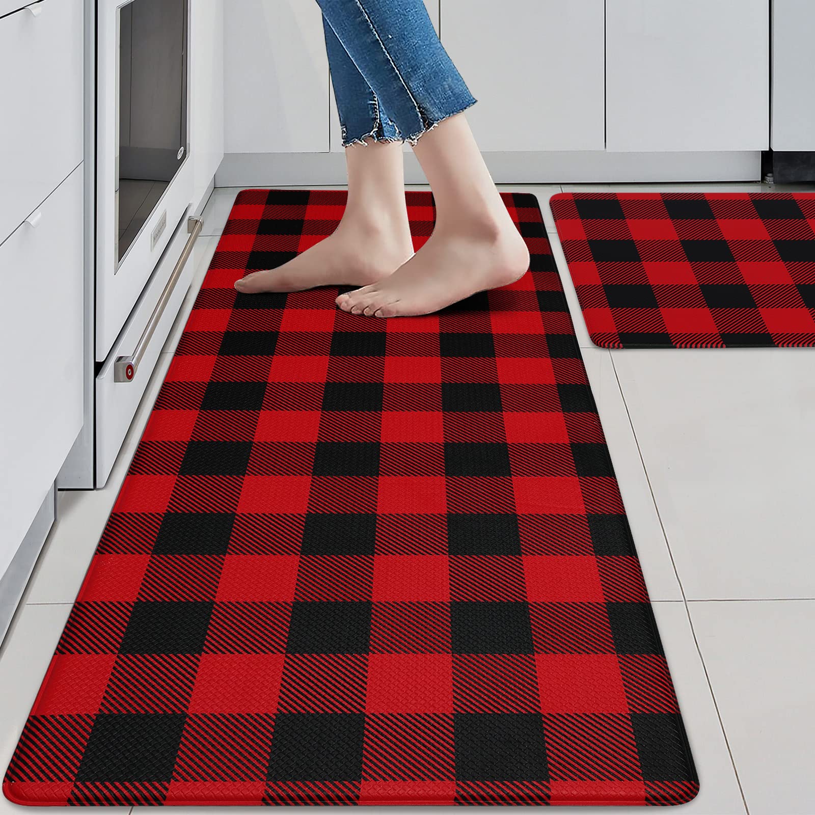 Photo 1 of MAYHMYO Kitchen Mats Cushioned 2PCS Black and Red Kitchen Rugs Non Skid Waterproof Kitchen Floor Mat Memory Foam Cushioned Rugs Anti-Fatigue Mats for Kitchen Floor Offices & Laundries
