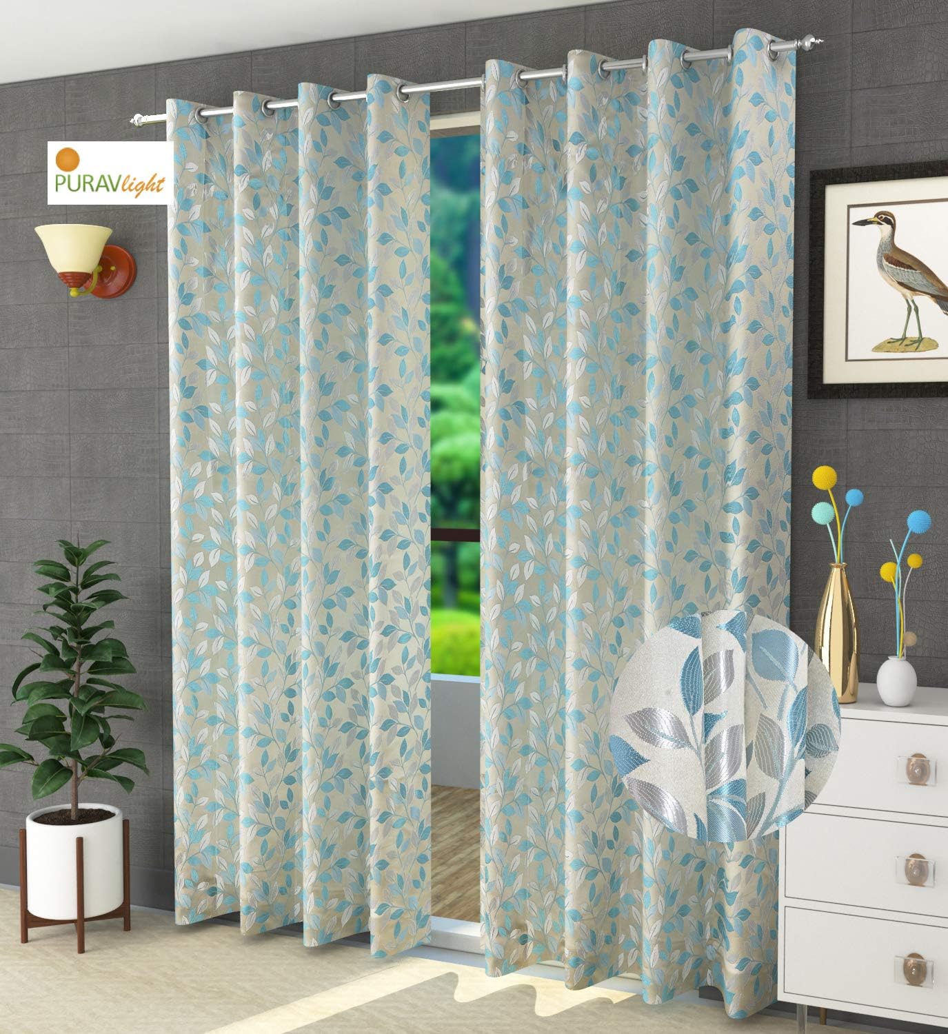 Purav Light Jacquard Door Curtain 7 Feet Long Pack of 2 Piece, Room Darkening Floral Design Rust-Free Eyelet (7 Feet Long - 2 Pc, Ptti Aqua)