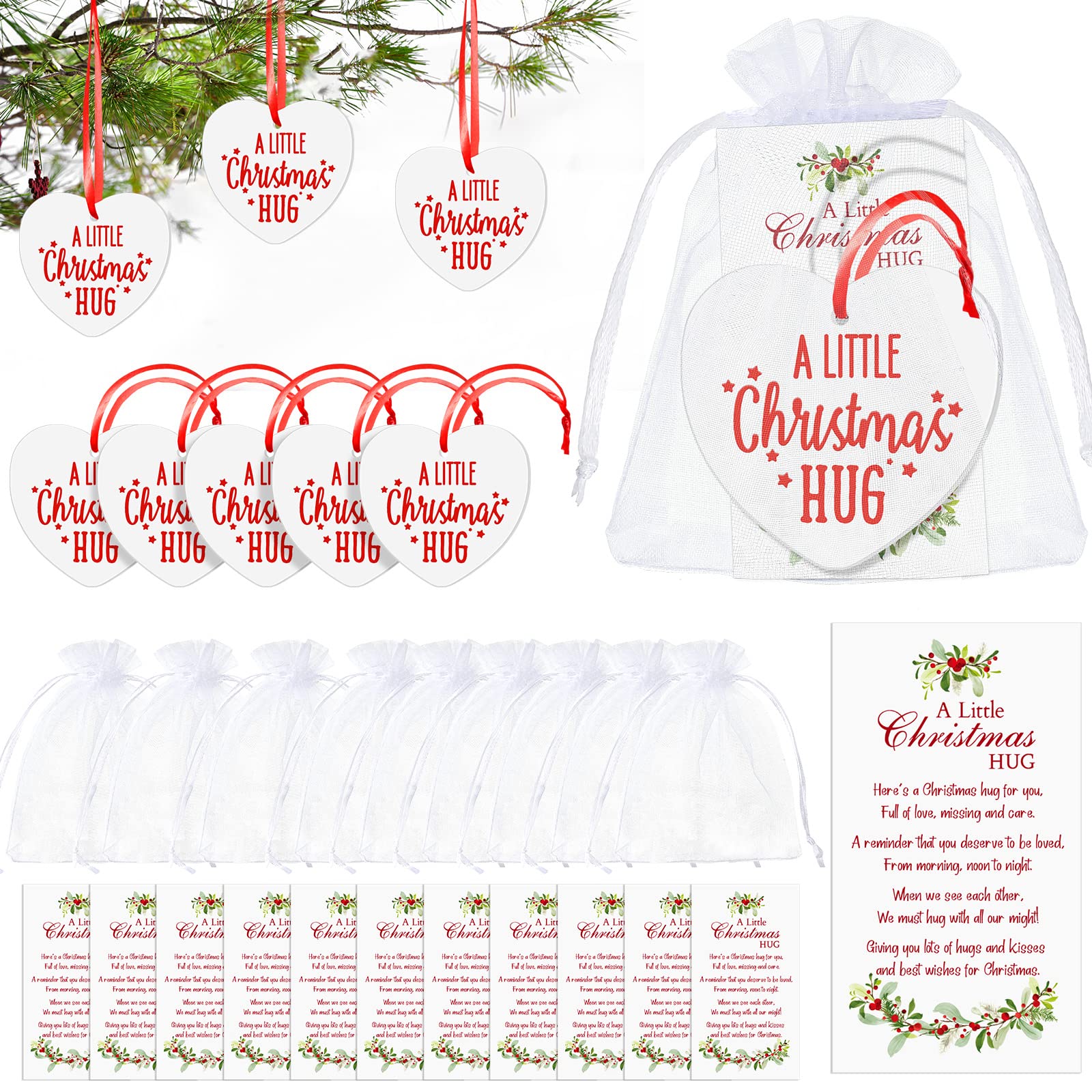Photo 1 of 54 Pcs Christmas Ornaments Bulk Gifts Thank You Gifts for Coworker Employee Appreciation Christmas Hug Ceramic Signs with Cards Organza Bags for Xmas Holidays Tree Office Decoration (Heart Style)