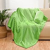 Bnuitland Light Green Flannel Throw with Storage Pouch,300GSM Super Soft Fleece Stripe Pattern Sofa Blanket for Babys and Kids, Lightweight Cozy Bed Throw for Home Decor All Season