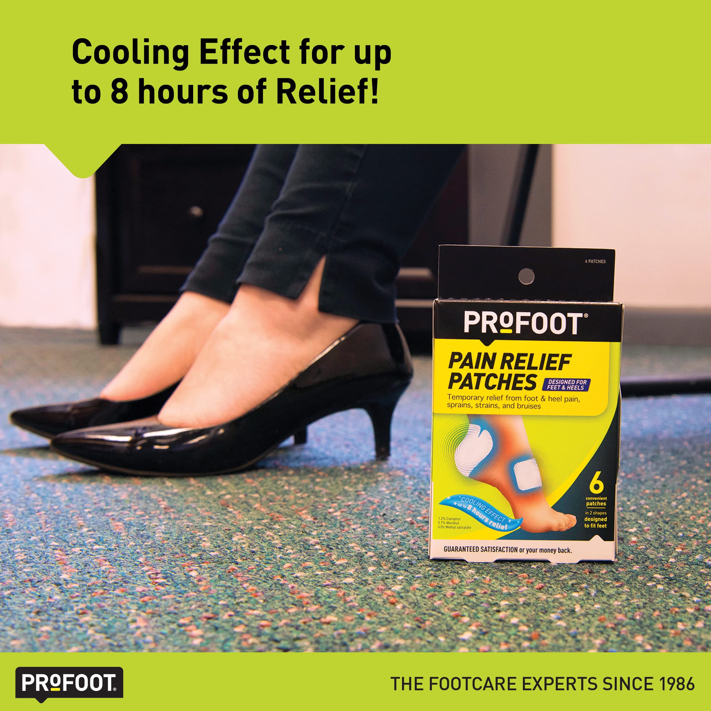 PROFOOT Pain Relief Patches for Foot & Heel Pain - 6 Count - Up to 8 Hours Relief from Sprains, Strains & Bruises