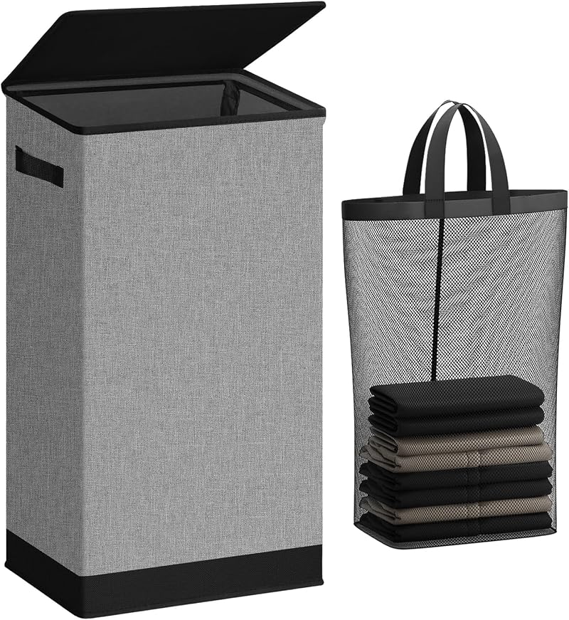 SOLEDI 100L Laundry Basket with Lid Large Collapsible Hamper Grey