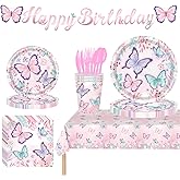 177 Pcs Butterfly Birthday Party Supplies, Disposable Paper Plates Napkins Cups Cutlery Tablecloth and Banner for Butterfly Girl Party Birthday Decorations, Serves 25 Guests