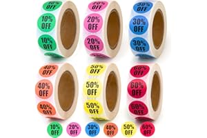 Easy Tag 3000 PCS Sales Tags, Percent Discount from 10% to 60% Adhesive Percent Off Labels, 0.87" Diameter Garage Sale Stickers for Retail Store, Yard Sale Price Stickers, Tags, 6 Rolls (Vivid Style)