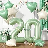 Sage Green Number 20 Balloons, Green 20 Number Balloons, 20th Number Balloons, Olive Green Cream White Foil Star Heart Balloon With Long Balloon For 20th Birthday Party 2nd Baby Shower Decoration