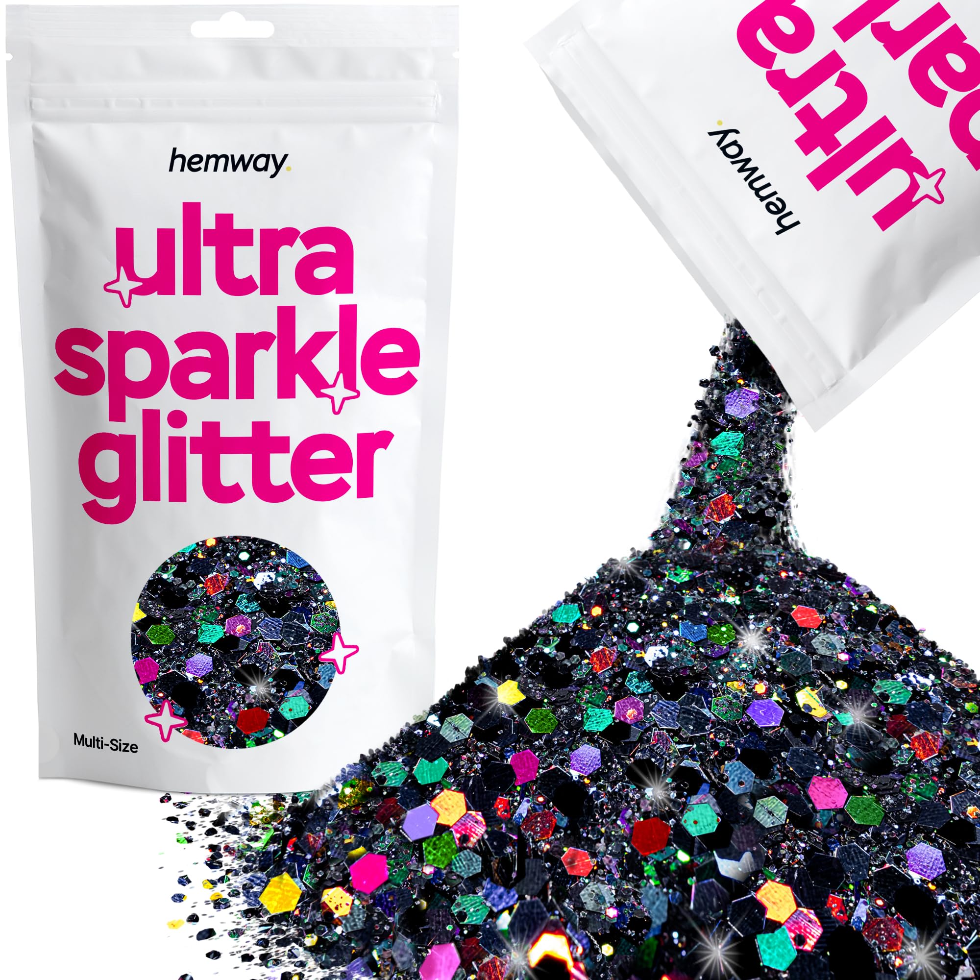 Hemway Ultra Sparkle Glitter Black Holographic 100g Multi Size | Glitter for Arts & Craft, Makeup, Nail Art, Crafting, Card Making, Sparkle Decoration