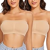WOWENY 2 Packs Strapless Bras for Women Padded Strapless Bras Seamless Bandeau Bralette Wireless Tube Top Bra Beige M