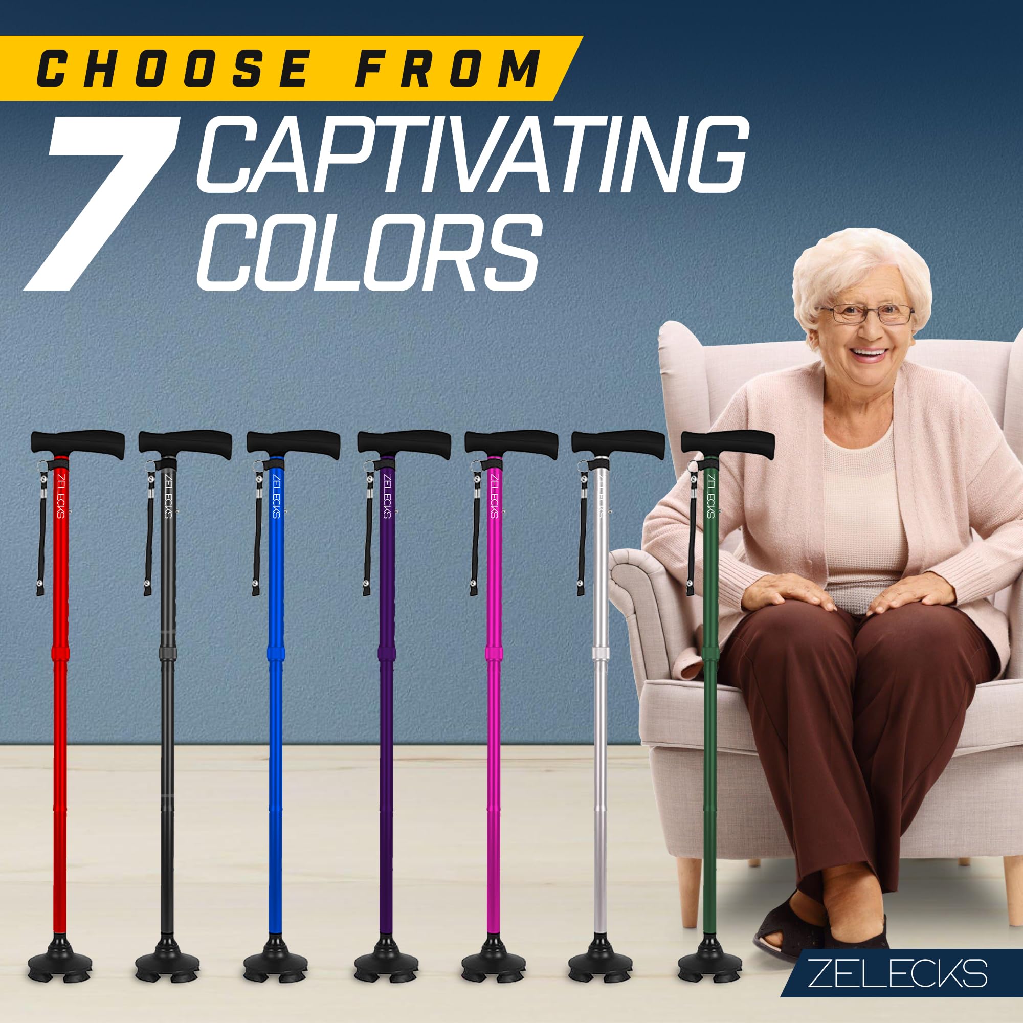 Walking Cane for Women & Men - Self Standing Adjustable Folding Cane with T Handle and 360 Pivot Base - Lightweight Foldable Walking Stick for Seniors - Collapsible Cane for Walking
