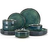 vancasso Starry 12 Pieces Dinnerware Sets for 4, Green Reactive Glaze Dishes Sets, Ceramic Plates and Bowls Set, Dinner Salad Dessert Plates, and Cereal Bowls Set, Dishwasher and Microwave Safe