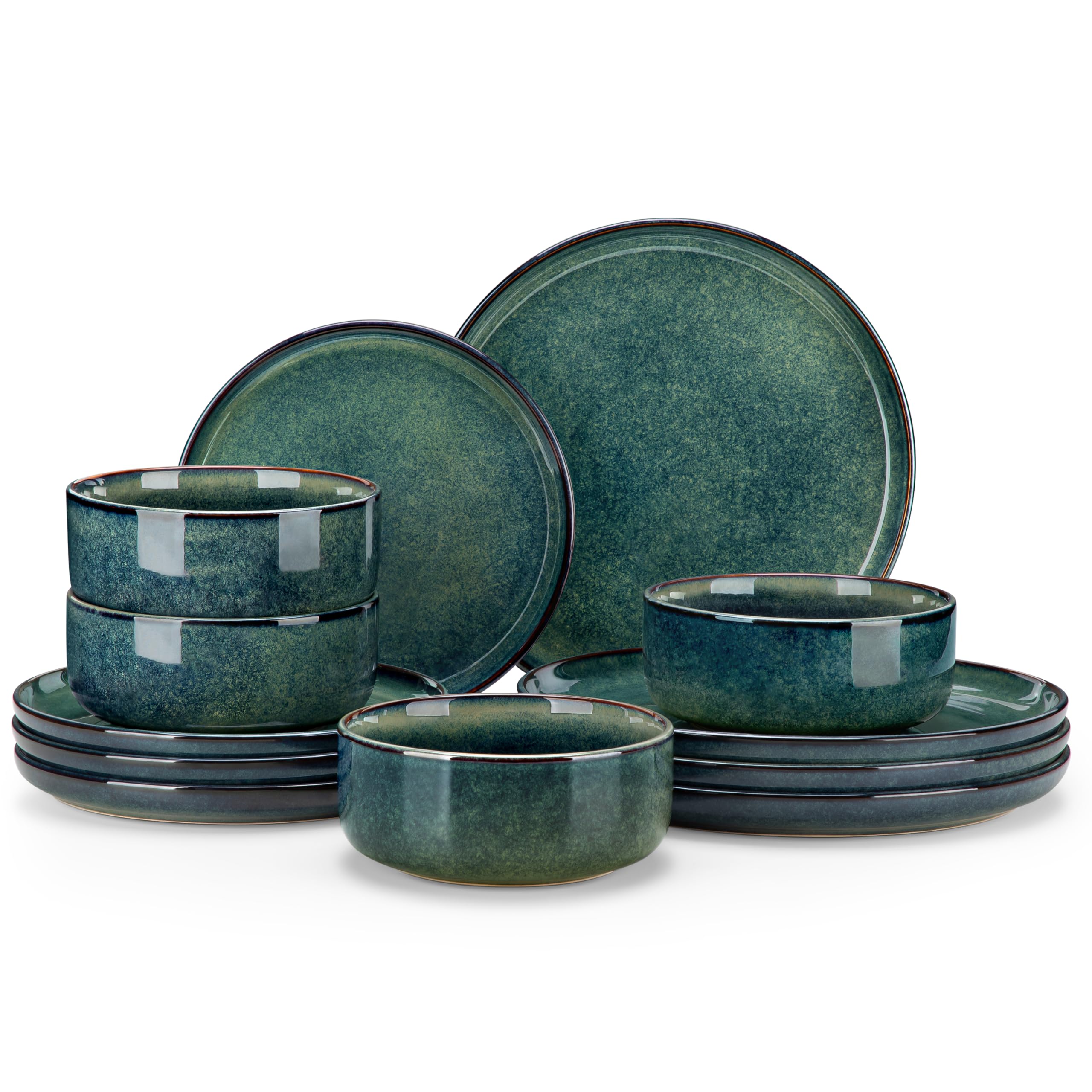 Photo 1 of vancasso Starry 12 Pieces Dinnerware Sets for 4, Green Reactive Glaze Dishes Sets, Ceramic Plates and Bowls Set, Dinner Salad Dessert Plates, and Cereal Bowls Set, Dishwasher and Microwave Safe
