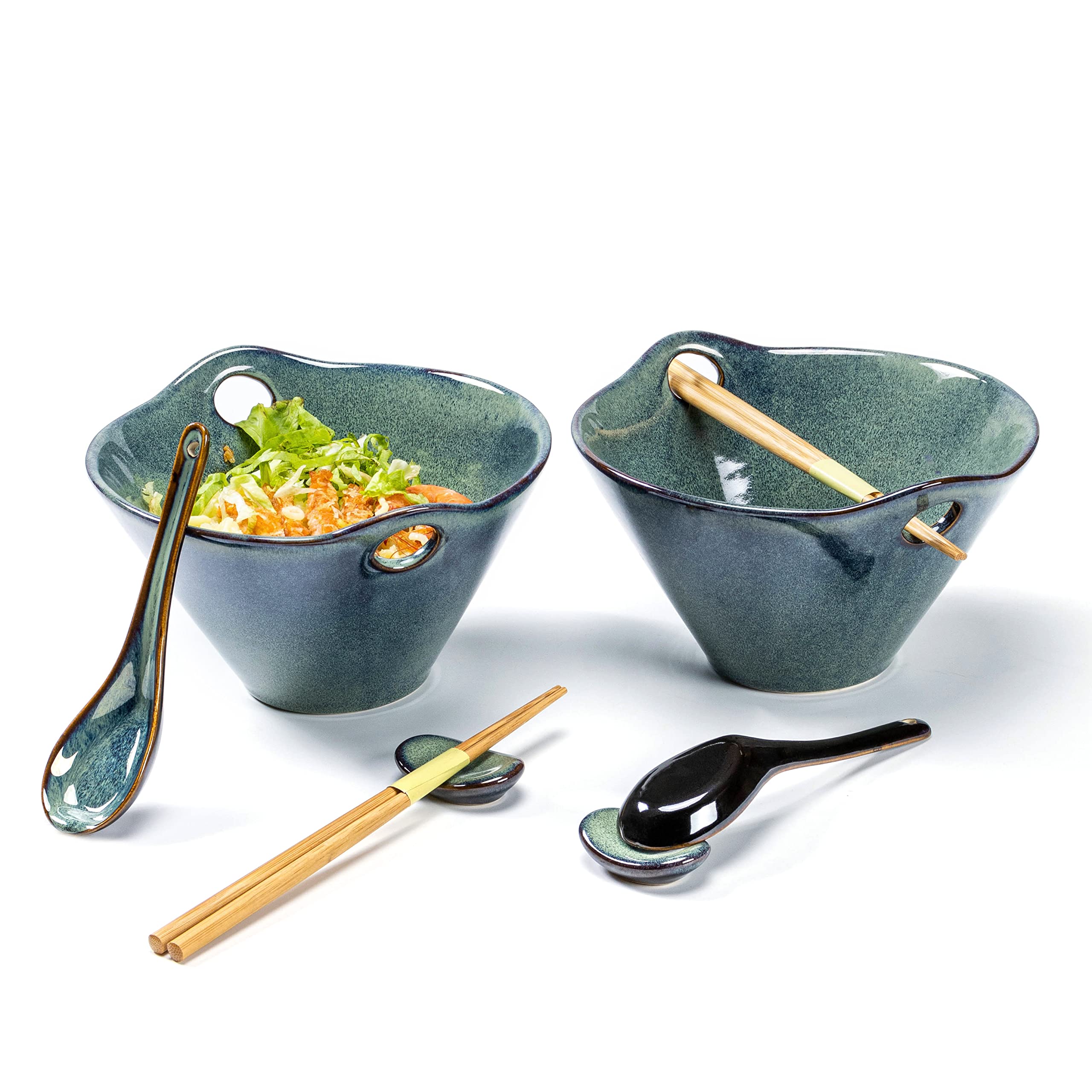 UNICASA Porcelain Bowls, Ramen Bowls with Spoons Forks and Chopsticks, Tableware Noodle Bowl Sets for Cereal, Salad, Soup, Microwave Safe - 2X 600ml - Green