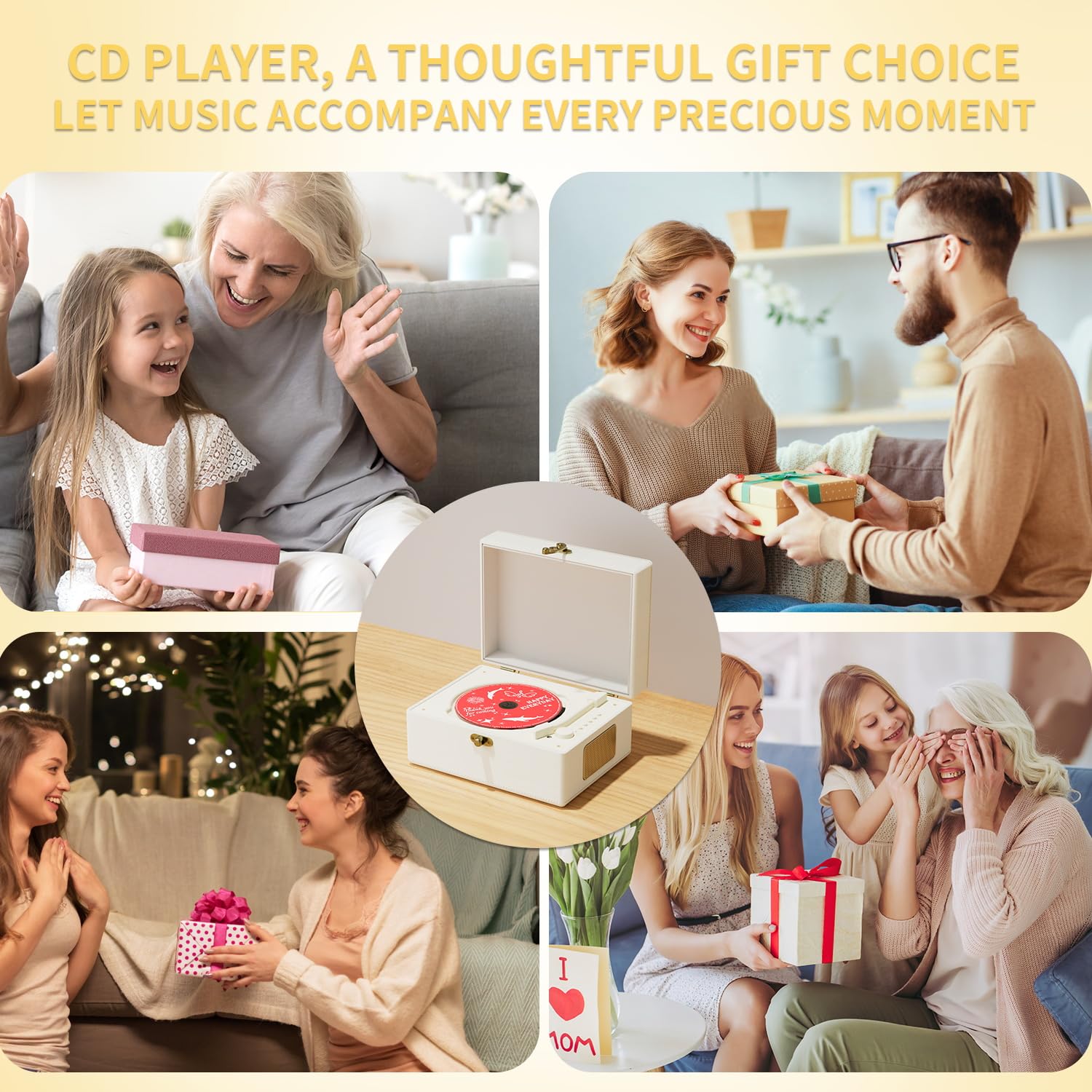Rechargeable Leather CD Player with Speakers, Bluetooth Transmitter, Festival Gift, BGM Player for Home Decor., white