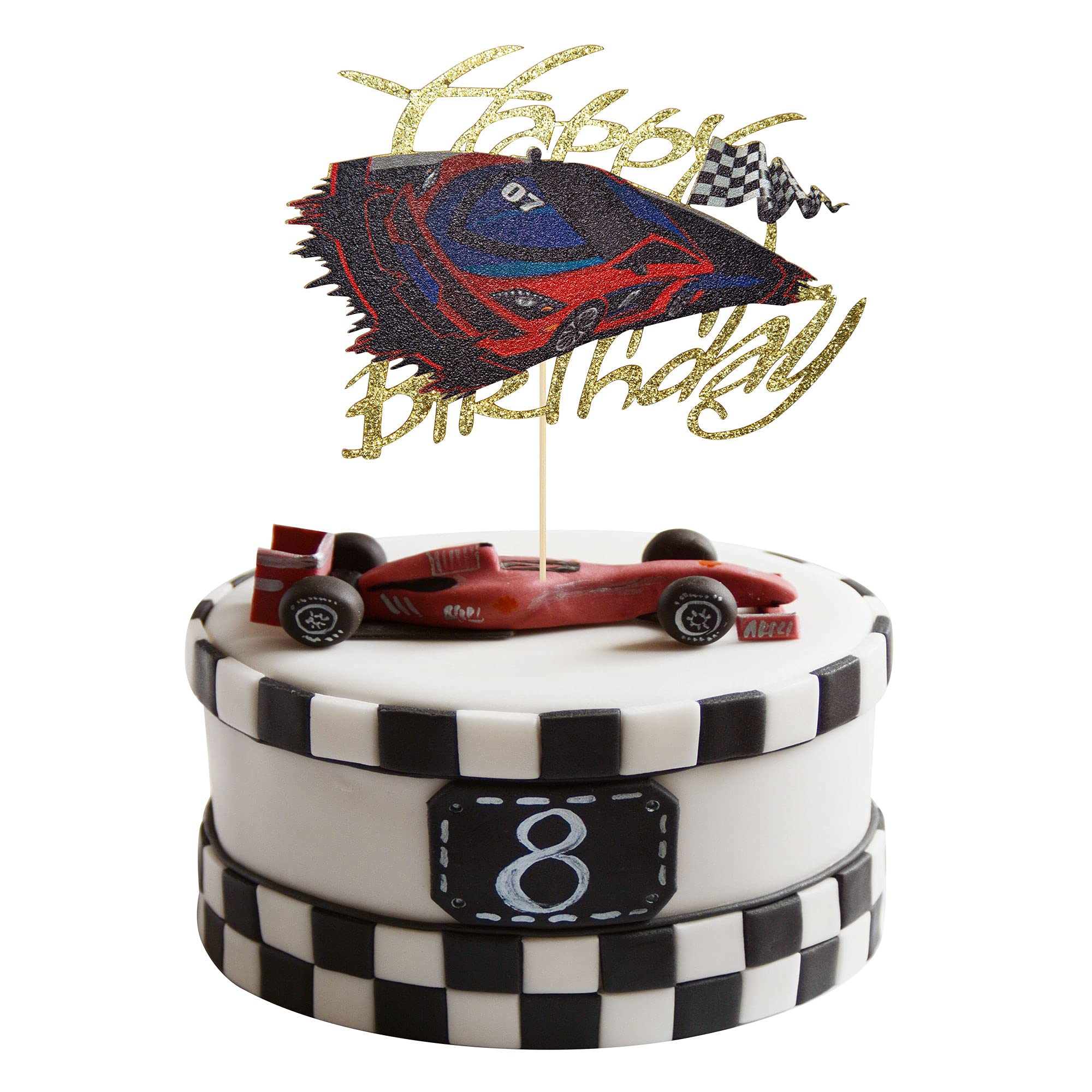Gyufise 1Pcs Glitter Race Car Birthday Cake Topper Racing Happy Birthday Cake Decoration for Race Car Themed Party Supplies Decorations…