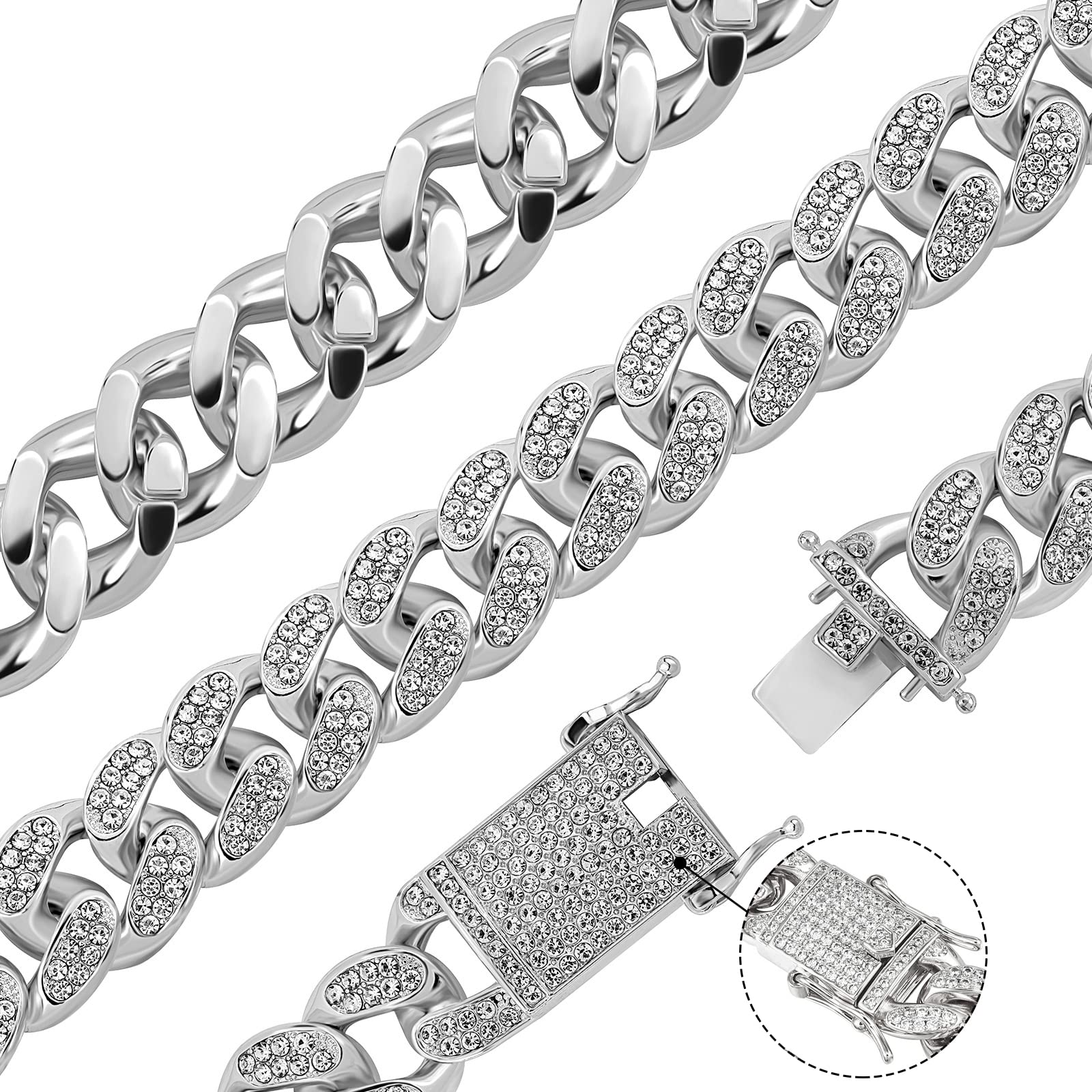 GIHENHAO Cuban Link Chain for Men,Silver Necklace and Bracelet,Miami Cuban Chains,Bling Diamond Chain for Hip Hop Jewelry