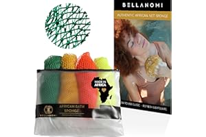 BELLANOMI 4 Piece African Exfoliating Net Sponge Long African Bath Sponge, Authentic Ethically Sourced from Nigeria, Great for Daily Use (Key Lime, Yellow, Orange, Lemon)