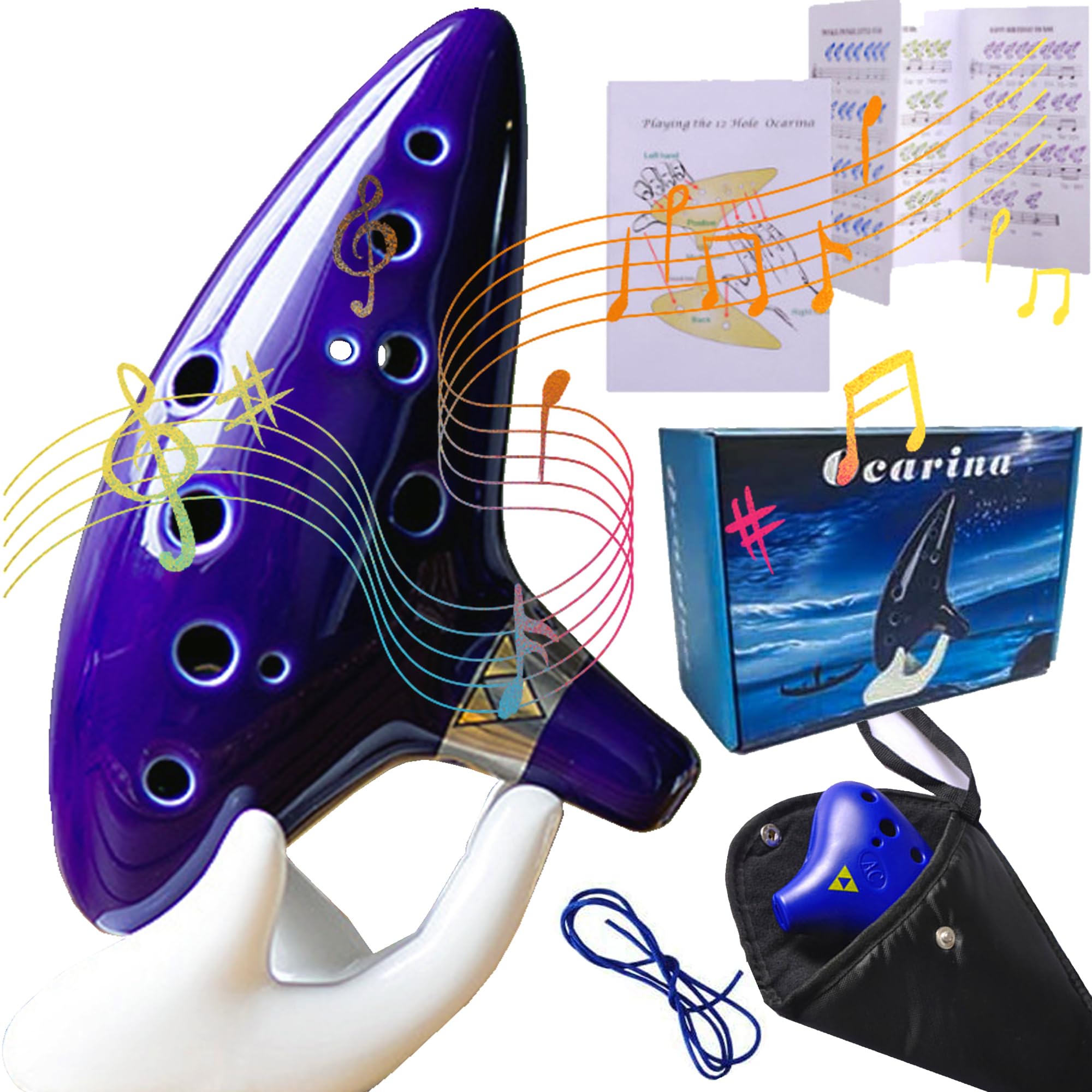 WSNDM Ocarina, 12 Hole Alto C Ceramic Instrument, Ocarina Flute, with Display Stand, Protective Bag, Neck String and Music Sheet, for Beginner or Musical instrument lover (Blue)