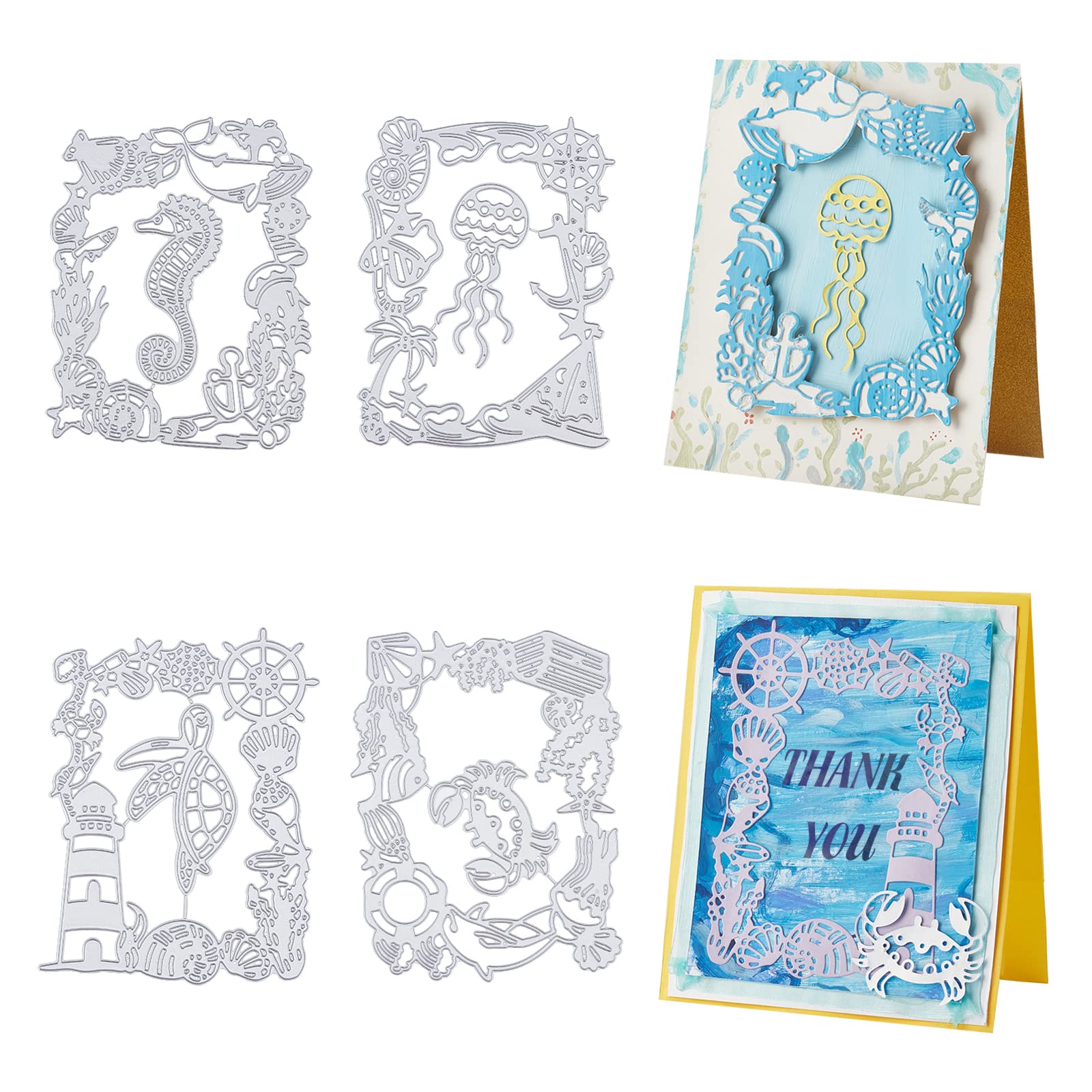 ORIGACH 4 Pcs Ocean Element Background Frame Metal Cutting Dies for Card Making Turtles Jellyfish Crab Embossing Stencils Template for DIY Scrapbooking Album Decorative Paper Dies