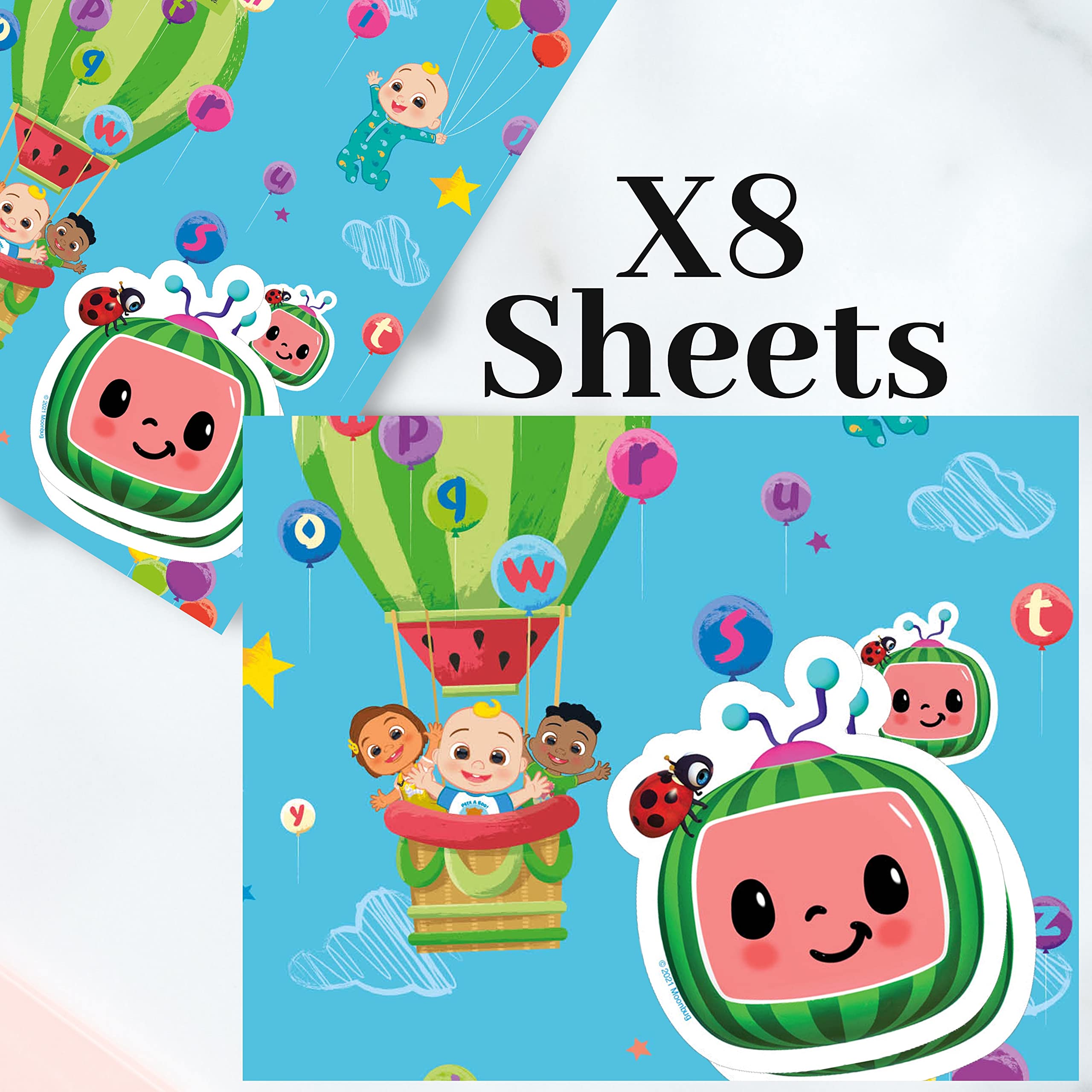 CoComelon Wrapping Paper 8 Sheets 8 Tags Sheet Size 70cmx50cm Official Product Responsibly Resourced