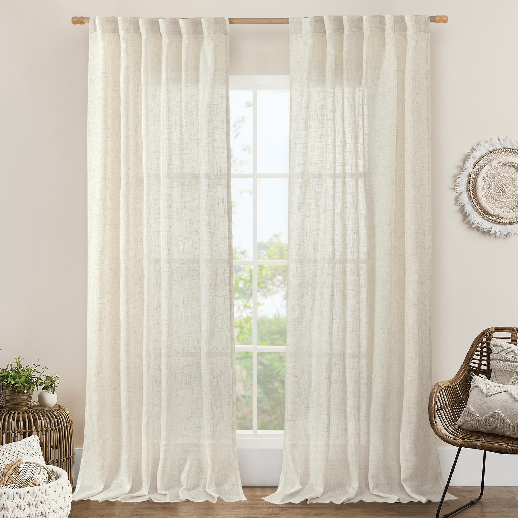 Jinchan Linen Curtains For Living Room – Farmhouse Style, Light Filtering, Rod Pocket, Solid Panels