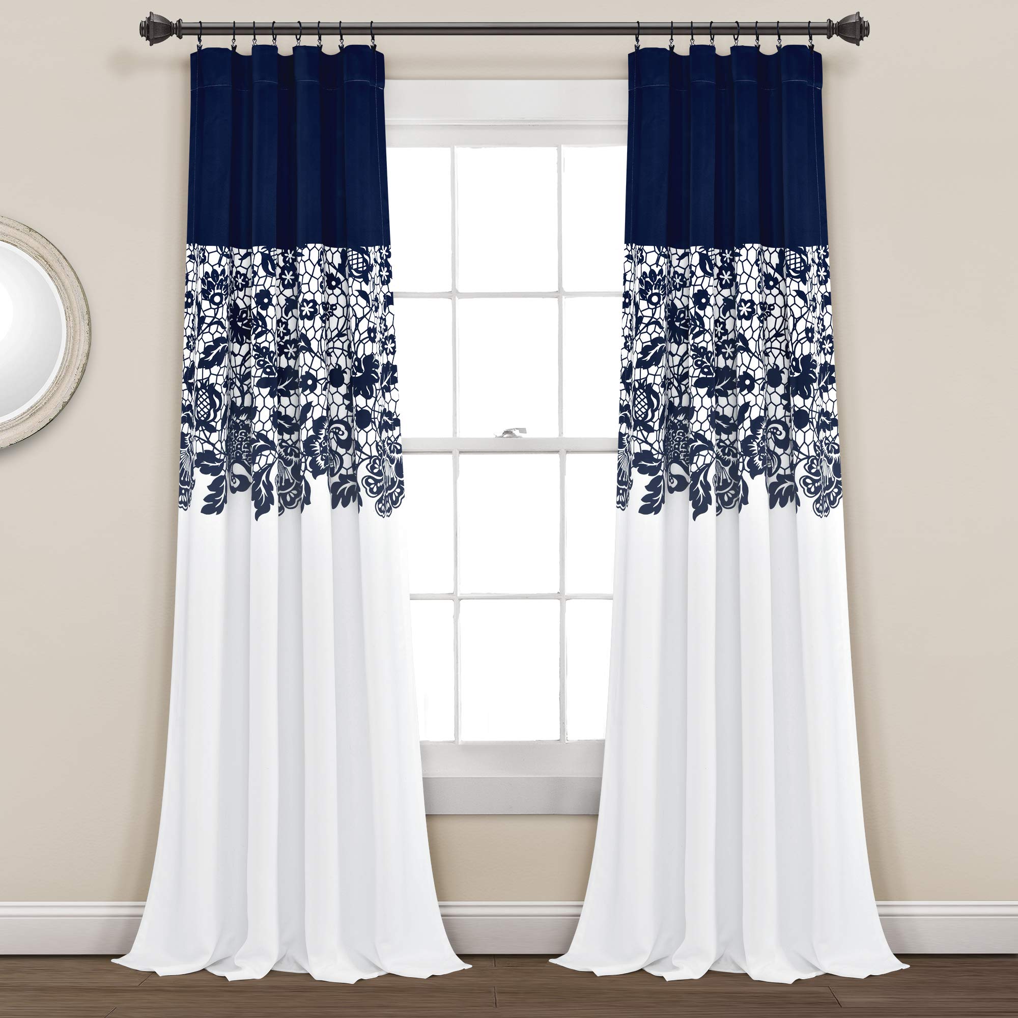 Lush Decor Navy Estate Garden Print Curtains Room Darkening Window Panel Set for Living, Dining, Bedroom (Pair), 84” long x 52” wide, 84" x 52"
