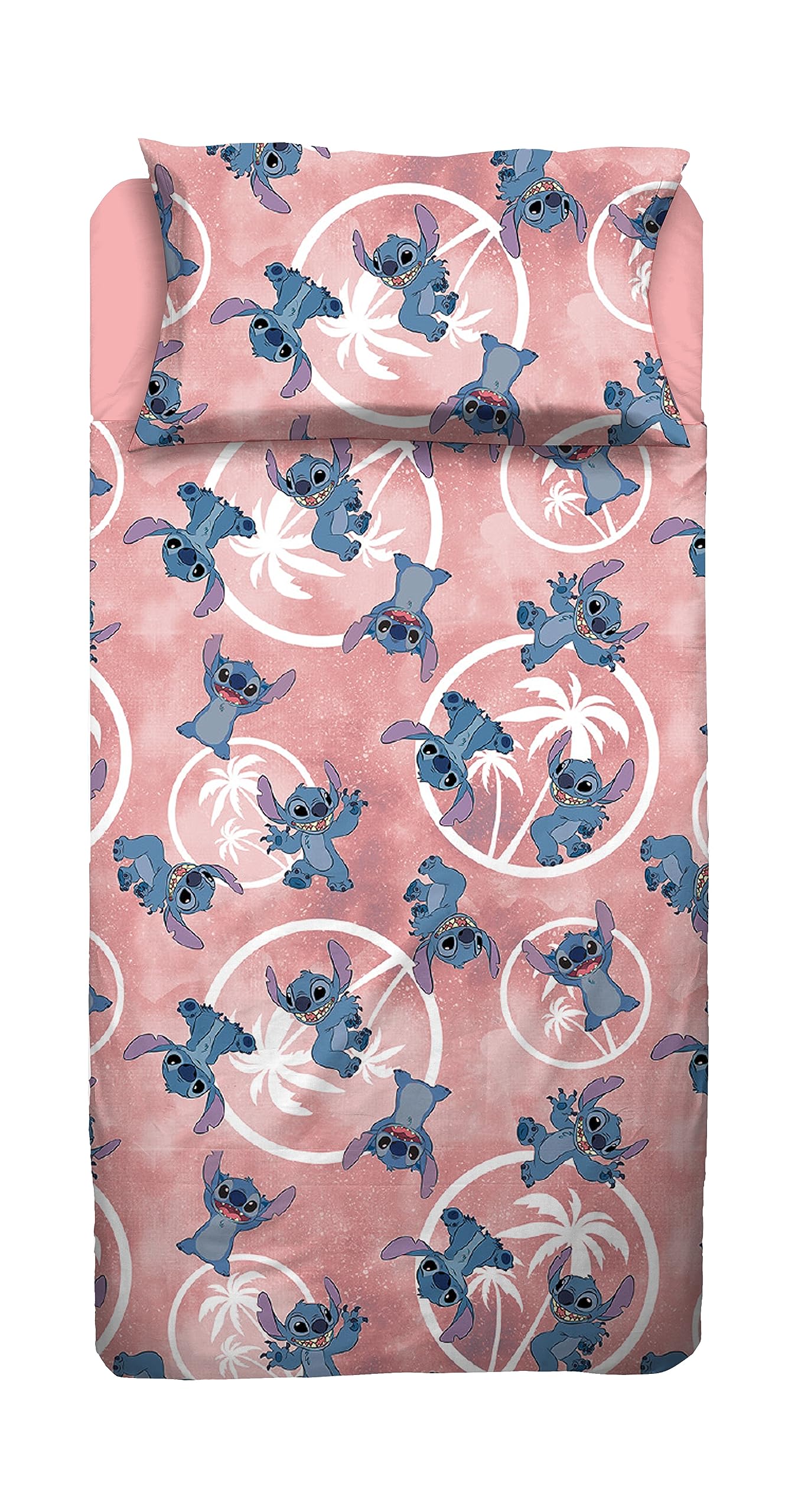 Stitch Single Bed Sheet, Complete Bed, Top Sheet, Fitted Sheet, Pillowcase, Pink, Disney, 100% Cotton, Official Product
