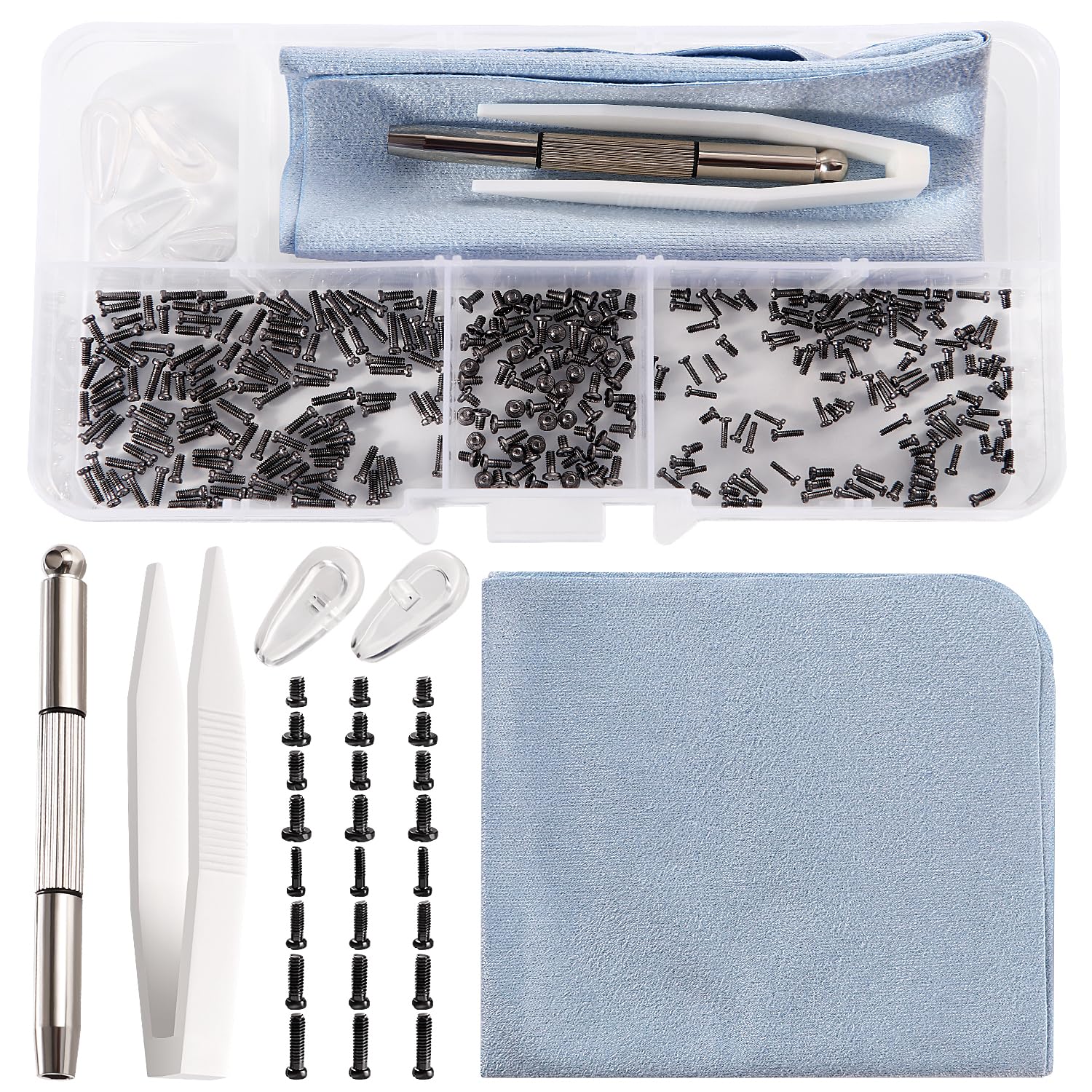 YIXISI 200 PCS Eyeglass Sunglass Glasses Repair Tool Kit, Spectacles Repair Screws Set, Eyeglass Repair Kit, with Screwdrivers, Silicone Nose Pads, Tweezer, Glasses Cloth, Black