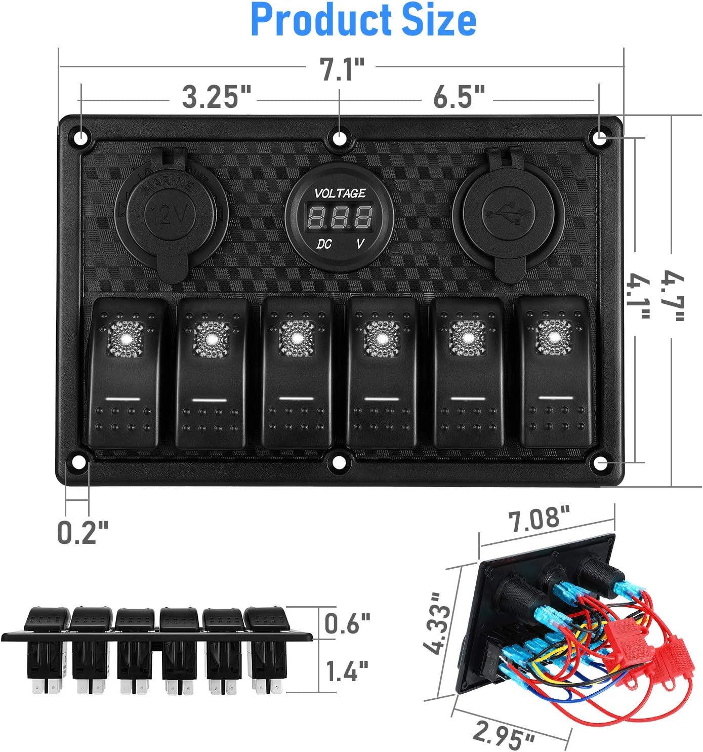 Kohree 6/8 Gang Marine Boat Rocker Switch Panel, 12V Waterproof RV Led Switch Panel for Car Truck Marine Boat, Digital Voltmeter Display Dual USB Charger Port DC 12 Volt Socket 12/24V Blue Lighted : Sports & Outdoors