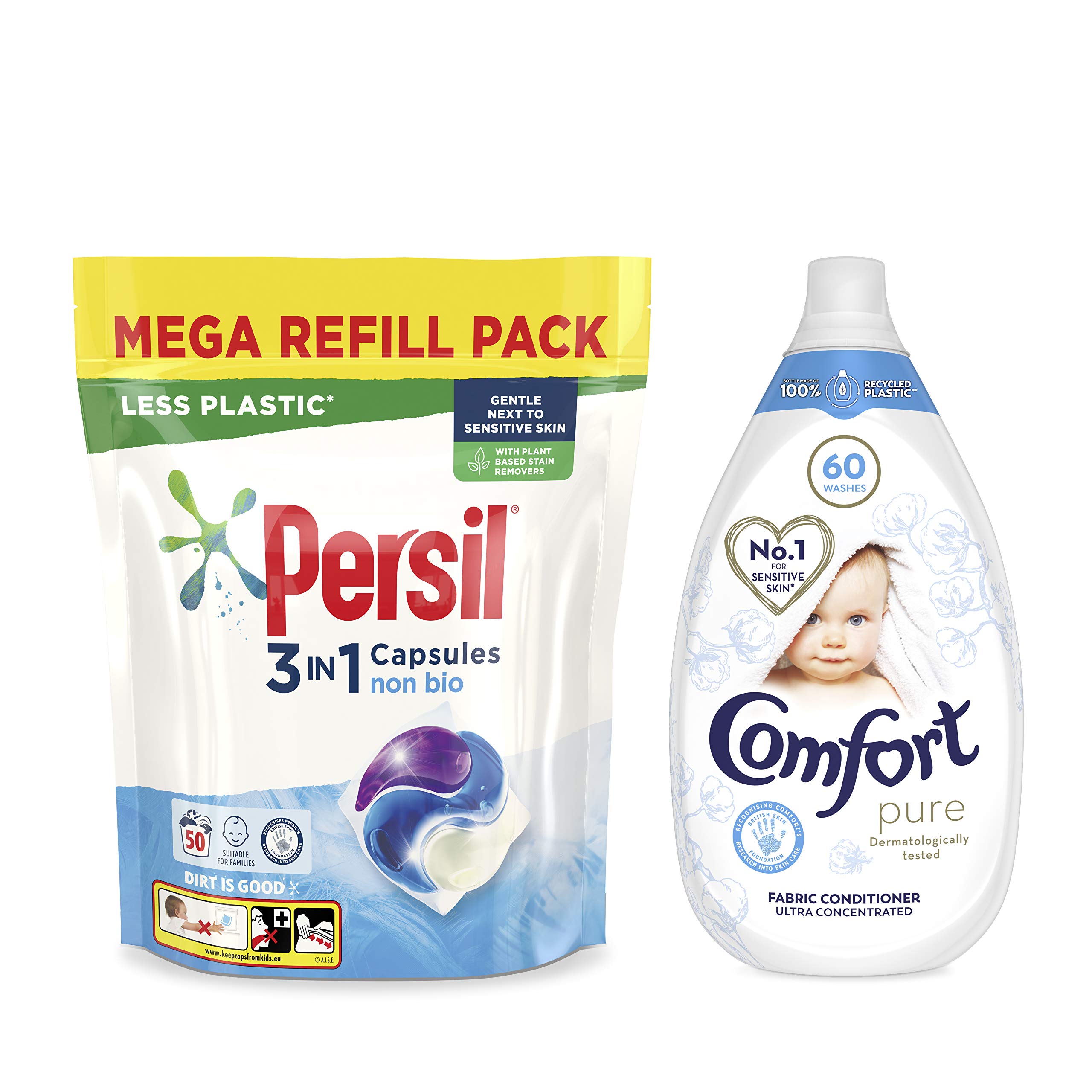 Persil Non Bio Washing Detergent Capsules and Comfort Pure Ultra Concentrated Fabric Conditioner 3 month supply Sensitive Skin Laundry Bundle 50 Washes. Packaging may vary