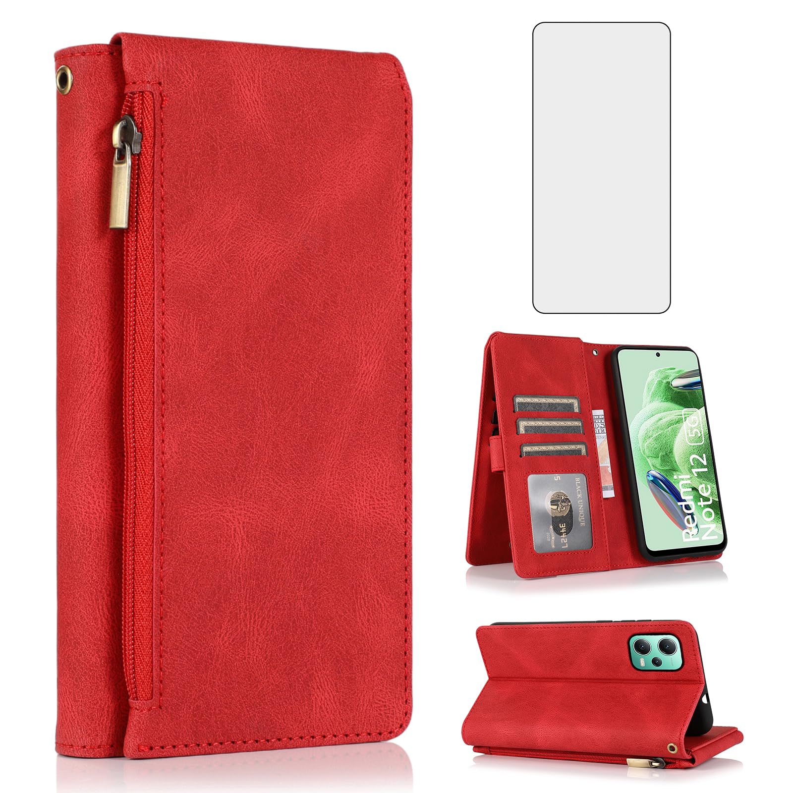 Compatible with Xiaomi Poco X5/Redmi Note 12 5G Wallet Case Tempered Glass Screen Protector and Zipper Retro Leather Flip Cover Card Holder Stand Cell Accessories for Note12 PocoX5 Women Men Red