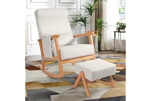NOBLEMOOD Rocking Chair with Ottoman, Upholstered Nursery Glider with Pillow & Side Pocket, Big and Tall Rocker with Rubberwood Armrests for Living Room, Bedroom & Apartment
