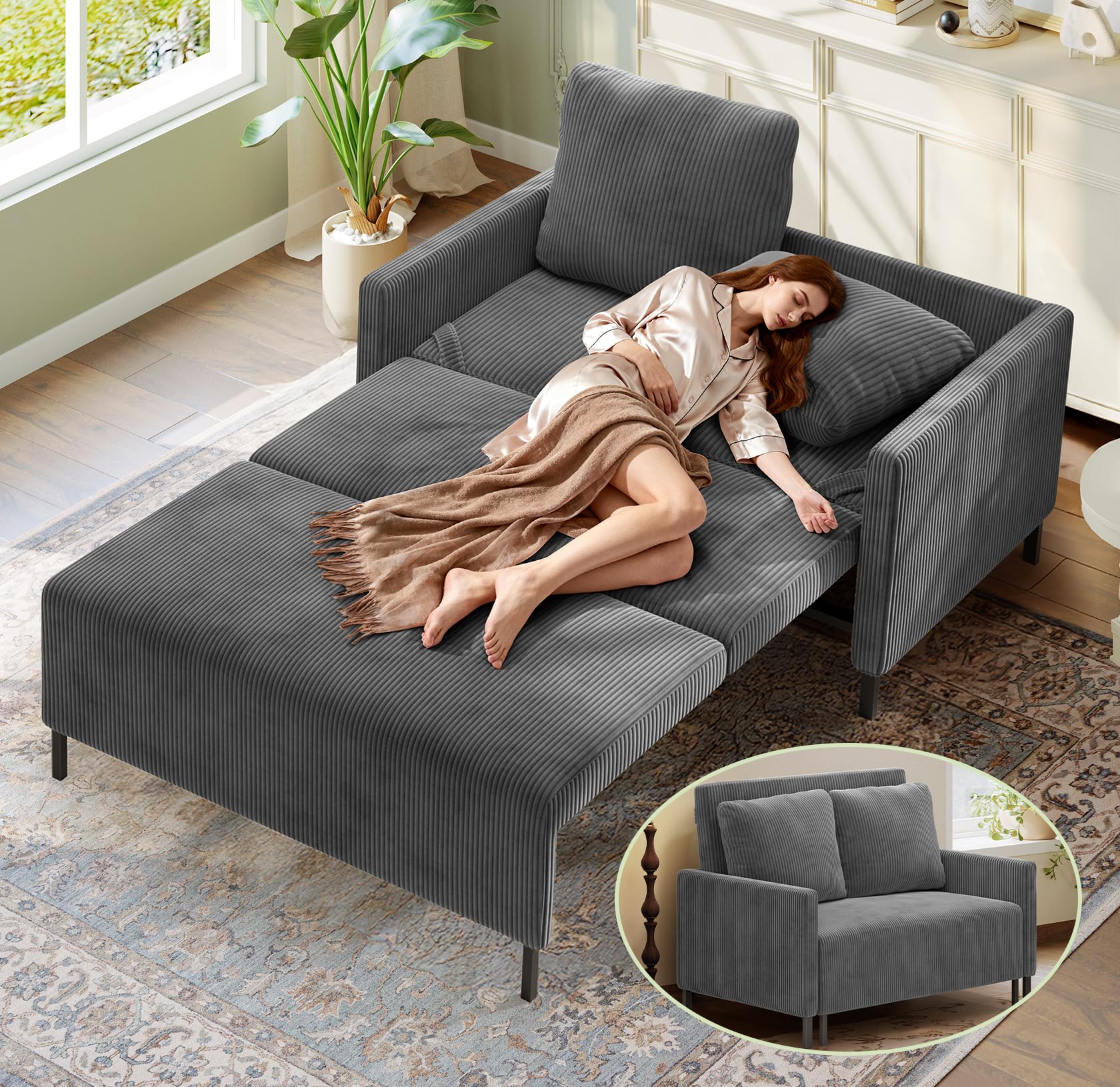 Photo 1 of ***MISSING PARTS -SELLING AS IS*** Welzona 47.2" Convertible Sofa Bed Couch, Comfy Corduroy Couch Bed, All in 1 Loveseat Sleeper Sofa, Love Seat Sleeper Bed, Modern Couches for Living Room/Apartment/Home/Office, Grey