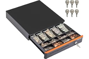 Volcora Cash Register Drawer for Point of Sale POS System with Round Corners 16", Removable Coin Tray, 5 Bill 8 Coin, 24V RJ11/12 Key-Lock Media Slot, Money Drawer for Business, Orange Bar/Black