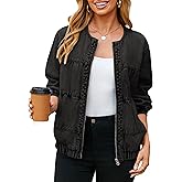 Glamaker Womens Denim Bomber Jacket Trendy Casual Zip Up Crew Neck Long Sleeve Loose Fit Jean Jacket Fall Outfits