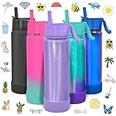 CHILLOUT LIFE 22 oz Kids Insulated Water Bottle for School with Straw Lid Leakproof and Cute Waterproof Stickers, Personalized Stainless Steel Thermos Flask Metal Water Bottle, Purple Sparkle