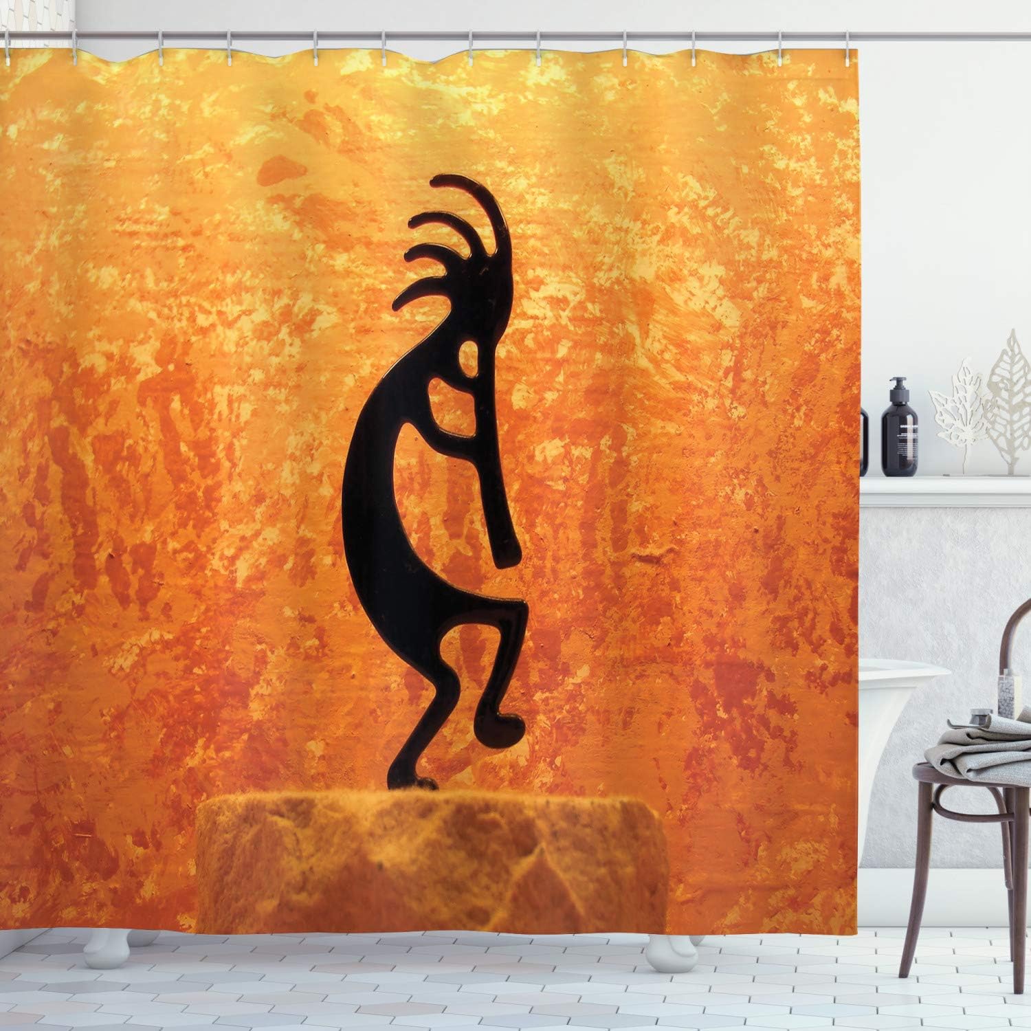 Amazon Com Ambesonne Retro Shower Curtain Kokopelli Character Print On Grunge Background Cloth Fabric Bathroom Decor Set With Hooks 70 Long Orange Black Home Kitchen