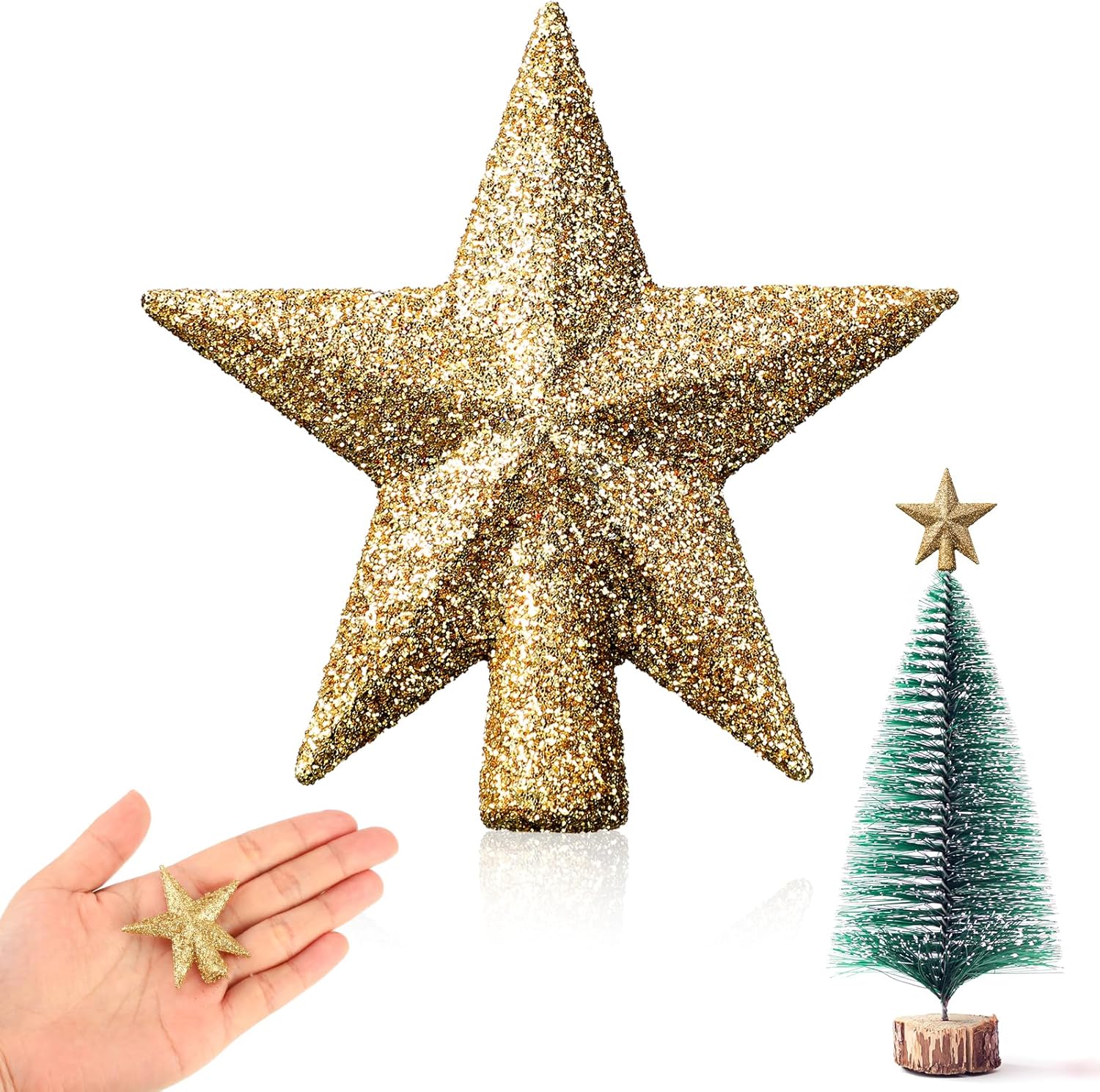 Tree Toppers - Hanaive Mini Christmas Tree Topper Small Christmas Star Mini Christmas Tree Star Topper for Xmas Party Holiday Home Decor (Glitter Gold,1.77 Inch)
