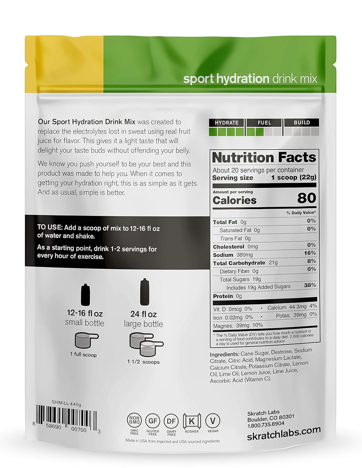 SKRATCH LABS Sport Hydration Drink Mix, Lemon Lime (15.5 oz, 20 Servings) - Natural Electrolyte Powder Developed for Athletes and Sports Performance, Gluten Free, Vegan, Kosher: Grocery & Gourmet Food